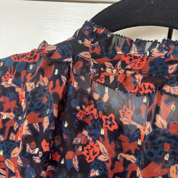 Ulla Johnson Silk Floral Long Sleeve Metallic Edith Blouse Size 2 Small Navy Top - Picture 13 of 16